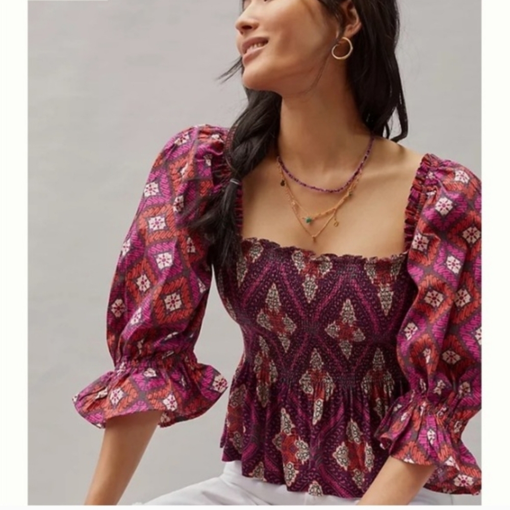 Anthropologie Conditions Apply Smocked
Sweetheart Blouse Pink Purple Small
